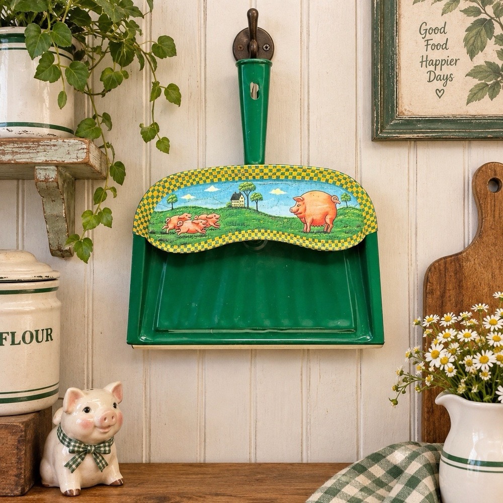 Vintage Green Metal Dustpan Pig Farmhouse Country Kitchen Decor USA J.A. Reeb